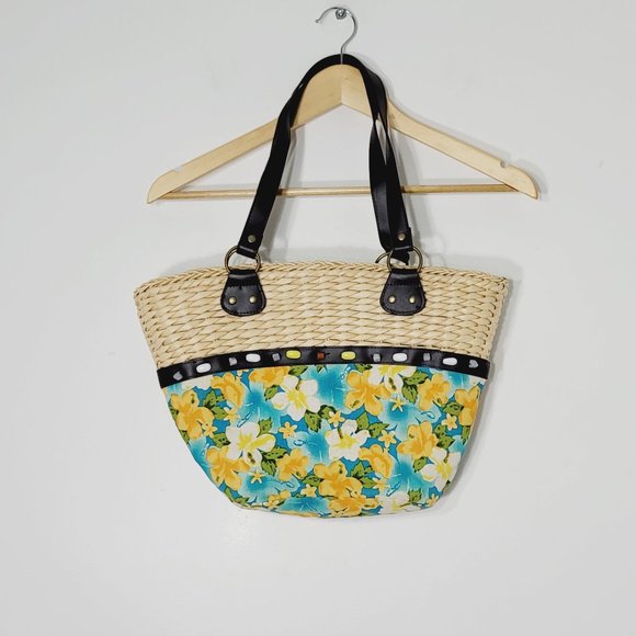Retro Floral Shoulder Bag Woven Straw Dual Handle Lined Tropical Hawaiian Wicker - Picture 1 of 11